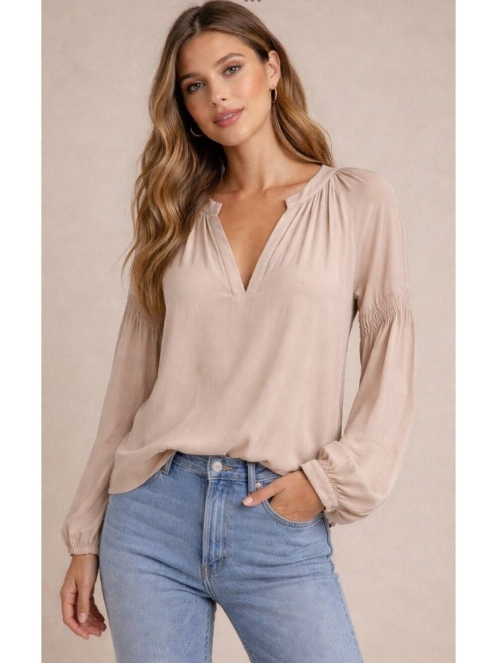 Stillwater Popover Blouse Womens Size Small Long Sleeve Beige Made In USA